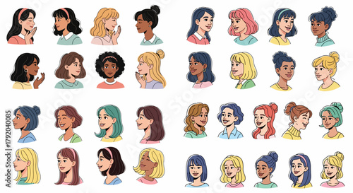 Diverse women faces with various hairstyles