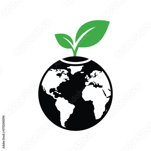 Green planet earth with sprout growing logo icon, ecology concept isolated on white background, Vector