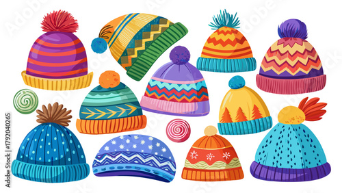 Very beautiful colorful knitted winter hat with soft wool texture and playful pompom, isolated on white background, featuring cozy stitches, bright patterns, and warm handcrafted details perfect for 