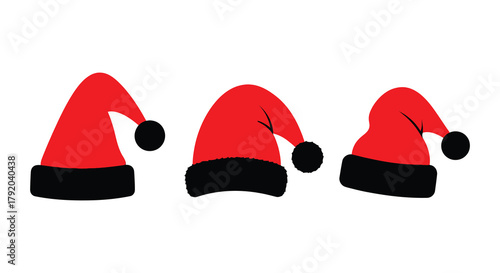 Three festive red santa claus hats with black trim and pom poms on a white background