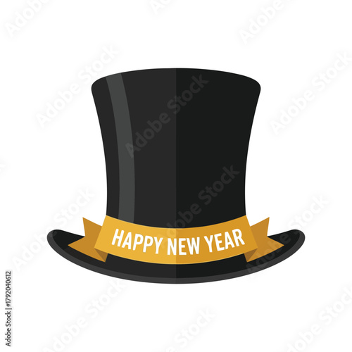 Happy new year black top hat with golden ribbon celebration graphic isolated on white background, Vector