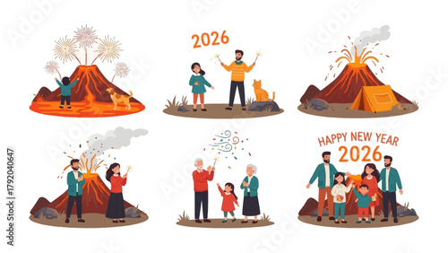 New Year Family Celebration: A composite illustration capturing families celebrating New Year festivities with a touch of volcanic elements. The scenes highlight joyous gatherings, fireworks.