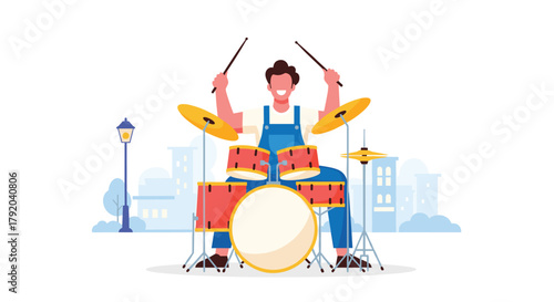 Energetic drummer enthusiastically plays a vibrant drum set with city skyline background