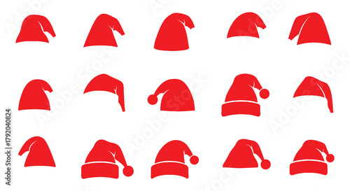 Collection of red and white santa claus hats with fluffy white trim and pom poms