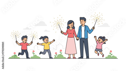 Fireworks Family: A joyful family celebrates a special occasion outdoors, each member holding a sparkling firework wand, symbolizing shared joy and memorable moments. 