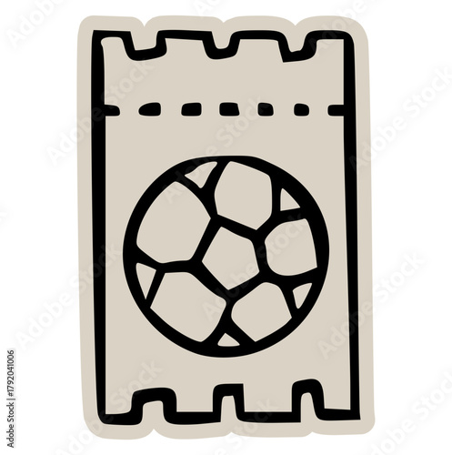 Soccer ticket scrapbook, doodle, sticker, collage, icon, hand-drawn vector: football match, game, sport, event, admission, entry, booking illustration for competition, championship, tournament