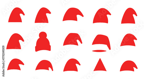 Collection of festive red and white santa claus hats in various styles and orientations for christmas celebrations