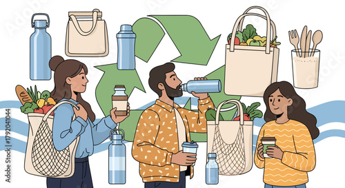People using reusable bags and bottles to reduce waste, with a recycling symbol in the background.