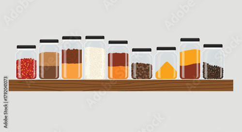 Vibrant spice jars lined up on a wooden shelf, showcasing culinary ingredients for cooking and baking inspiration