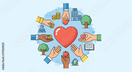 Illustration of hands offering hearts, coins, and donations around a central large heart, symbolizing charity and community support.