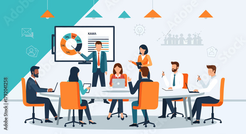 Business team in a modern conference room having a meeting and analyzing data charts on a screen.