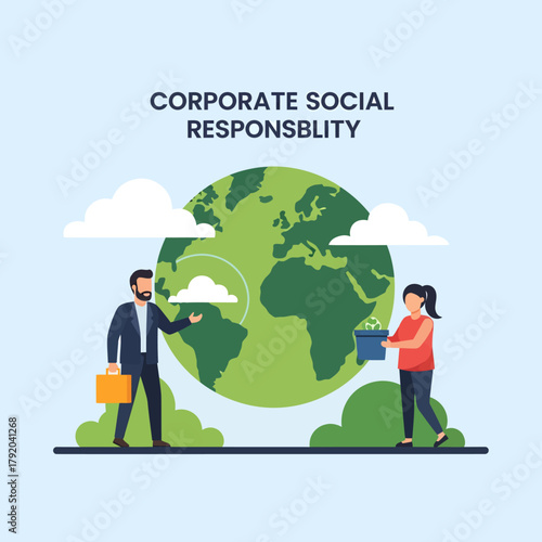 Illustration of Corporate Social Responsibility with business people donating money in front of a globe.