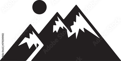 Three mountain peaks with snow and a red sun
