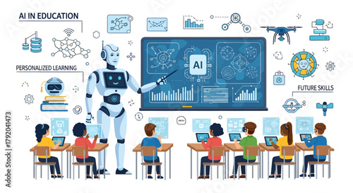 AI robot teaching students about artificial intelligence and future skills in a classroom setting with laptops and educational graphics.