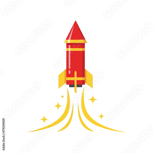 Red rocket launching with yellow stars and fire trails on white background isolated on white background, Vector