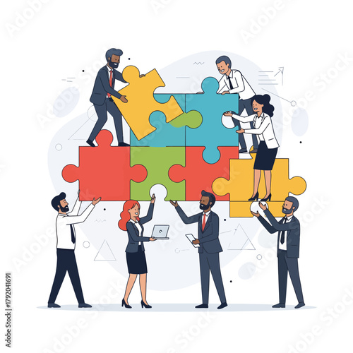 A diverse business team works together, collaborating to assemble a large, colorful jigsaw puzzle, symbolizing teamwork and problem-solving.