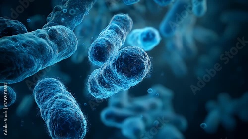 Microscopic view of rod shaped bacteria with textured surfaces and small spherical particles floating in a dark blue blurred background illustrating cellular structures and biological forms