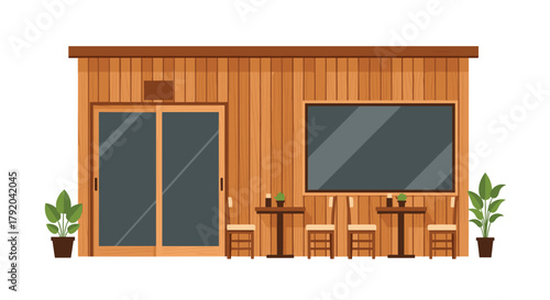 Inviting modern cafe storefront with outdoor seating and large windows creates a welcoming atmosphere for patrons