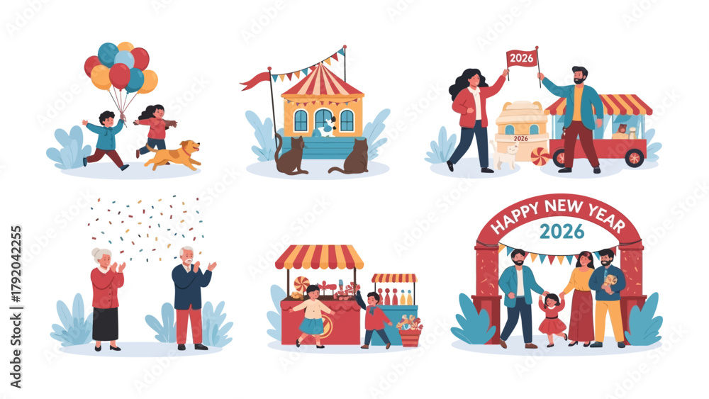 Obraz premium Festive 2026 Celebration: A colorful illustration captures the joy and excitement of welcoming 2026 with families enjoying various festive activities.