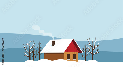 Cozy winter cabin nestled in snowy landscape with smoke rising from chimney, evoking warmth and peace