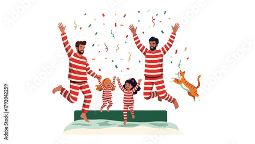 Family Joyful Moment in Pajamas: A joyful family celebrates a moment together, with two parent and two child. and a cute pet cat. wearing identical pajamas, they jump, filled with happiness.