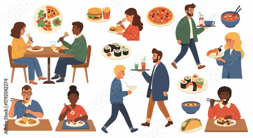 People dining in restaurant with various food dishes