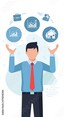 Businessman character juggling icons representing work, finance, family, and personal growth, symbolizing work-life balance.
