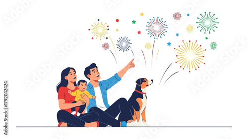 Foto A Family's Delight: A family, their faces lit up by the vibrant spectacle of fireworks in the night sky, their dog watches the show