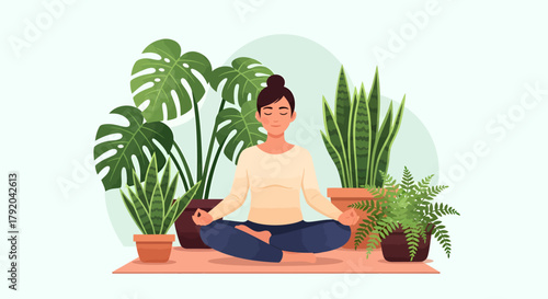 A woman meditates in a lotus position on a mat, surrounded by lush green houseplants like monstera and snake plants.