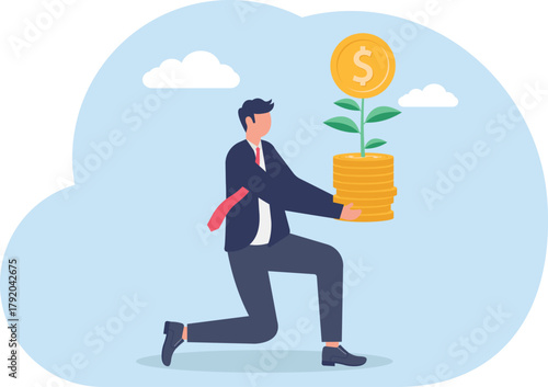 or profit-making opportunities, concept of businessman investor's hand holds a money flower growing from a pile coins
