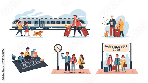 New Year Travel Scenarios: A collage of travel-themed illustrations set against a clean background, portraying diverse individuals and families, including different generations.