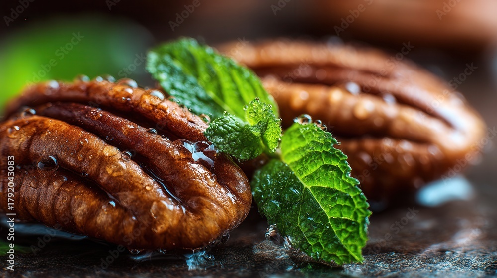 Obraz premium Macro shot of glossy pecans with water droplets and mint leaves, symbolizing freshness, healthy food, and natural ingredients, realistic textures, bright natural lighting, shallow depth of field.