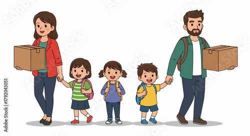 Family moving house with cardboard boxes