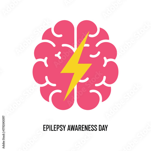 Epilepsy awareness day brain icon with yellow lightning bolt symbol isolated on white background, Vector