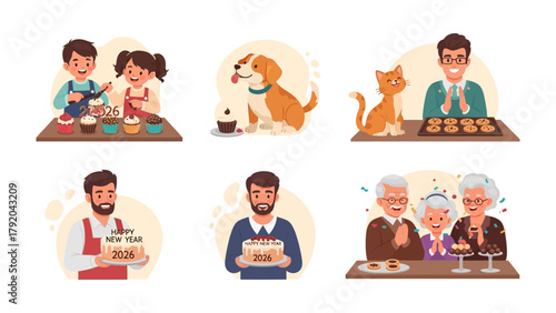 Home Baking Scenes: A delightful montage of everyday life, showcasing various individuals and family groups happily engaged in the art of home baking, creating delicious treats with love.