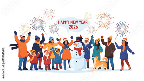 New Year Celebration: A joyful group of diverse individuals gather around a whimsical snowman amidst a festive fireworks display, ringing in the New Year with unity, anticipation and good cheer.