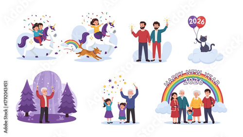 Celebration of Diversity and joy: a colorful illustration featuring various scenarios and people celebrating in different ways. Showing joyful gathering and celebration of milestones
