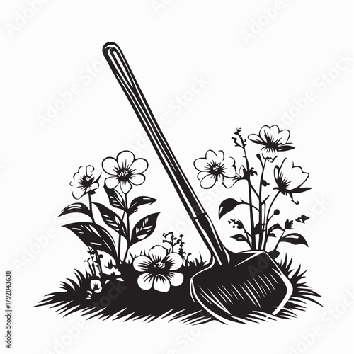 Garden Work with Shovel Among Blossoming Flowers