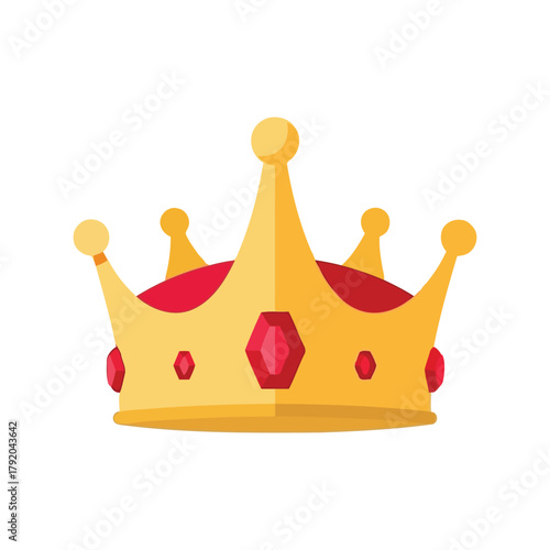 Golden crown with red jewels, symbol of royalty, power, and success isolated on white background, Vector