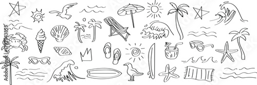 Hand-drawn beach-themed vector set with summer doodles like waves, palm trees, shells, crabs, sunglasses, and surfboards  Hand drawn tropical beach and surf elements sketch collection collection