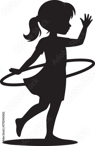 Joyful Girl Silhouette Playing with Hula Hoop Fun Childhood Activity Energetic Exercise Game Black and White Outline Graphic Design Illustration Recreation Fitness