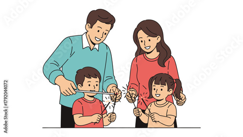 Family bonding with sparklers: A happy family gathered, igniting sparklers and basking in the radiant glow of celebration and joy.