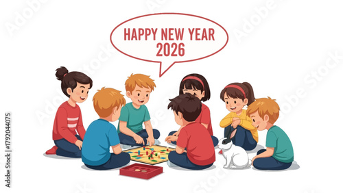 Kids Enjoying Happy New Year: A group of children gather happily to enjoy a game, celebrating New Year 2026. This illustration embodies a spirit of friendship and shared joy.