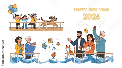 New Year's Celebration: Joyful groups gather to welcome the New Year with festive cheer, featuring family celebrations and dynamic activities against the backdrop of an illustrated celebratory banner.