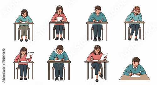 Students taking exams at desks in classroom