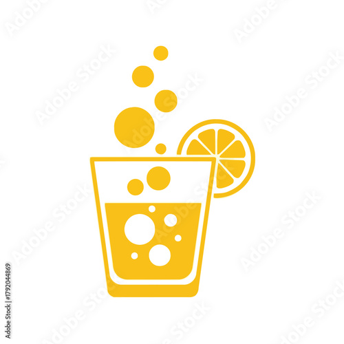 Refreshing orange juice glass icon with bubbles and citrus slice isolated on white background, Vector