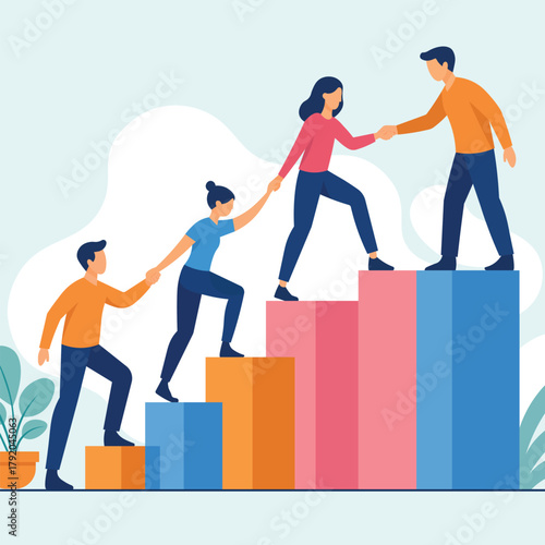 Minimalist vector scene showing cooperative effort and guidance in achieving collective advancement