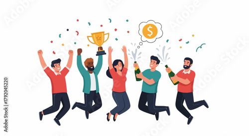 Celebration success team jumping with trophy and money