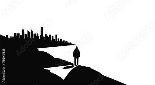 Solitary figure gazes towards a distant, illuminated cityscape from a dark, silhouetted landscape.