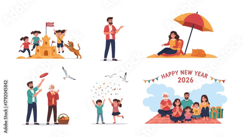 Happy New Year Family Scene at Beach: Families, full of joy, are captured in various beach settings, marking the celebration of the new year, filled with festivities and merriment.